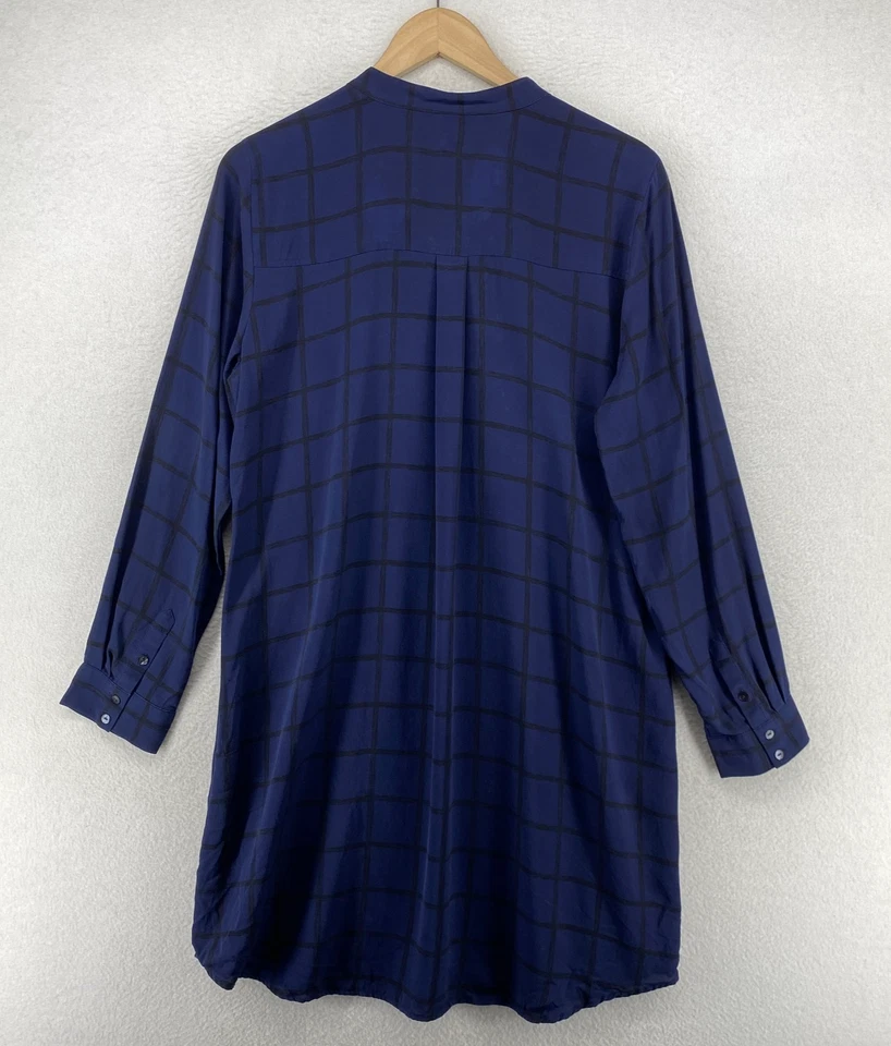 EILEEN FISHER Dress M Windowpane Silk Georgette Crepe Mandarin Shirtdress Blue - Image 3 of 4