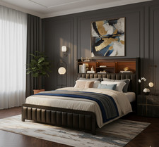 Full Queen Size Iron Bed Frame with Storage Charging Headboard and LED Lights