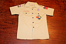 Boy Scouts of America BSA Youth Shirt Tan Large Sewn Patches Short Sleeve