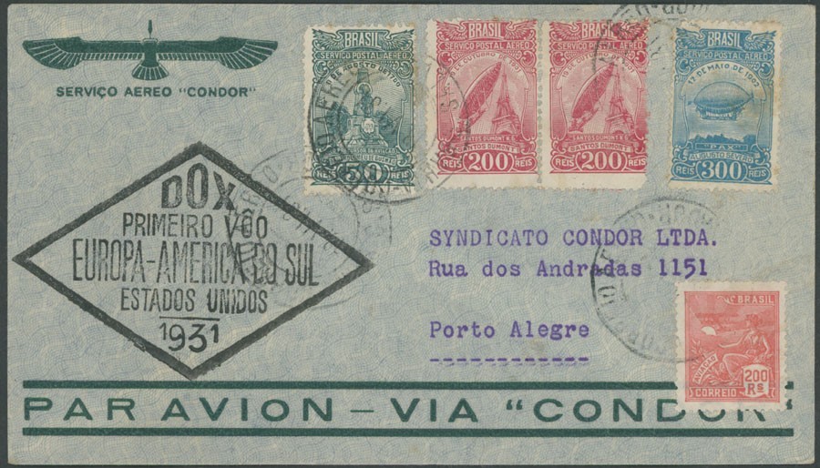 1931, BRAZIL, DORNIER DO-X PIONEER FLIGHT COVER FROM BAHIA TO PORTO ALEGRE