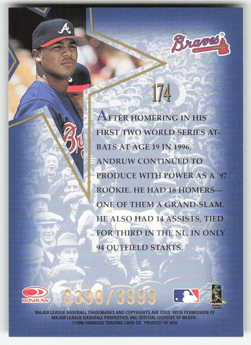 1998 Leaf #174 Andruw Jones BASEBALL Atlanta Braves - Picture 2 of 2