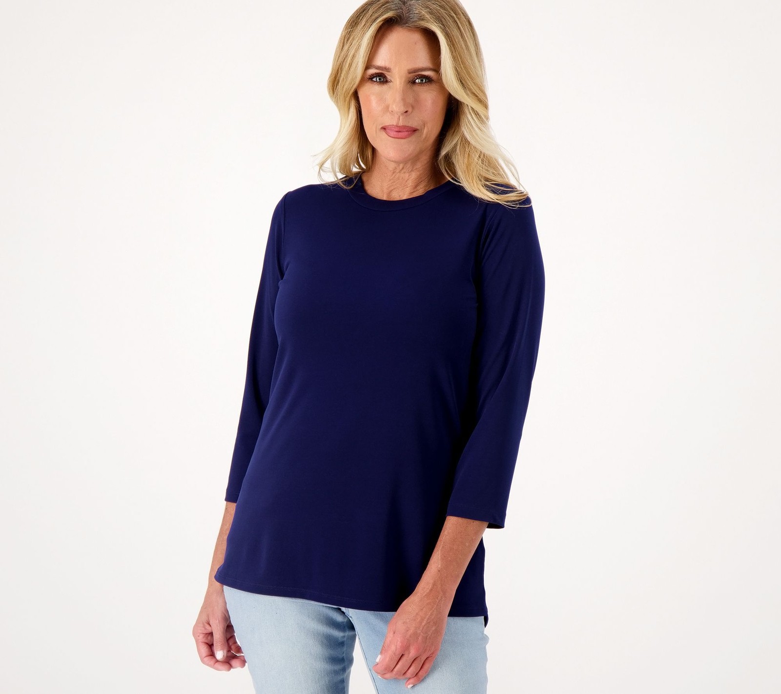 Susan Graver Women's Top Petite PL Essentials Pet Liquid Knit Crew Blue A567176