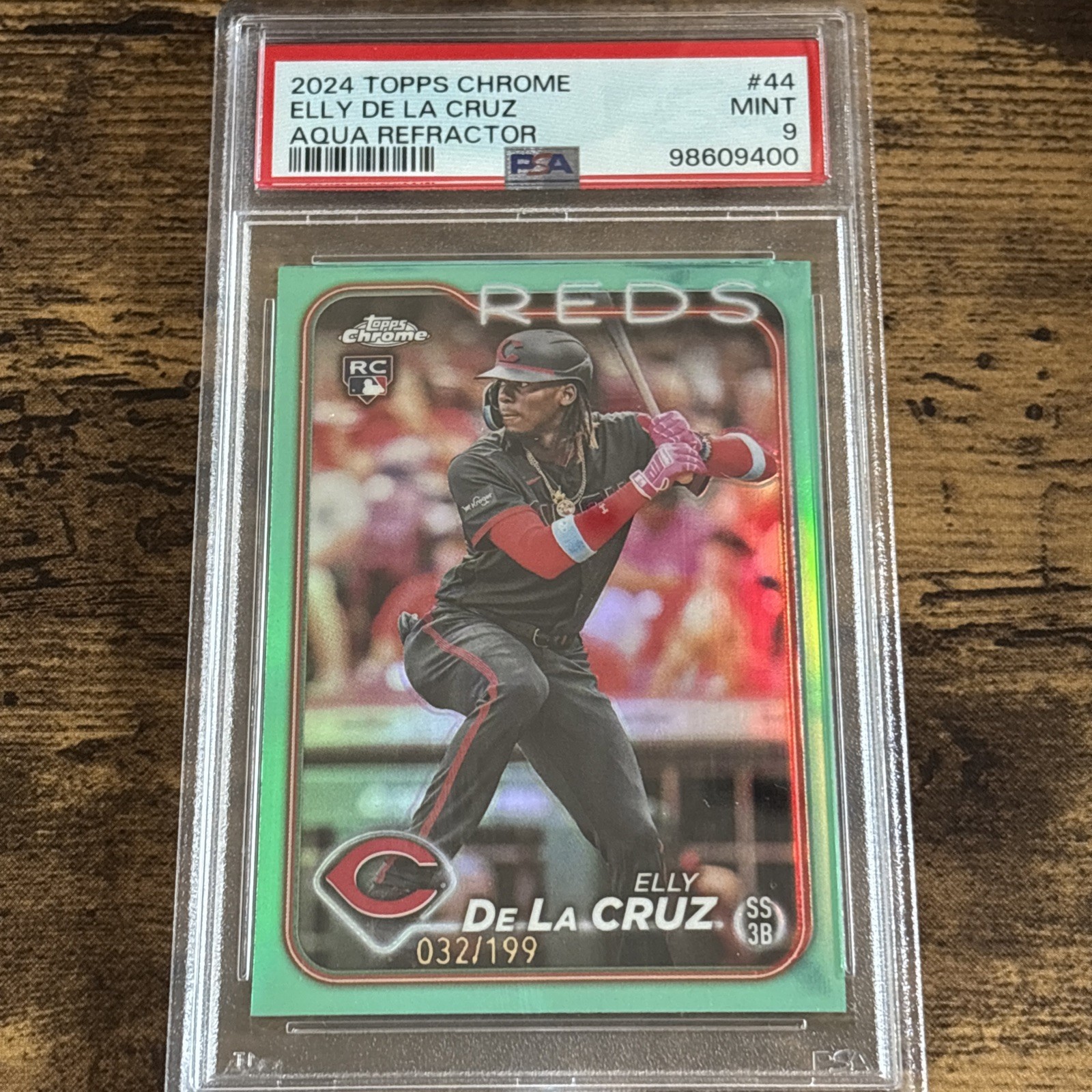 Elly De La Cruz 2024 Topps Chrome #44 Aqua Refractor /199 (RC) PSA 9 REDS