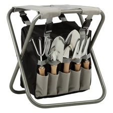 Pure Garden Gardening Tool Set, Garden Stool, and Carry Bag, Gray