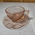 Vintage Jeannette Cherry Blossom Pink Tea Cup and Saucer Set Depression Glass