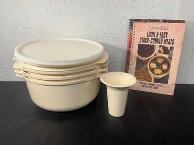 Vintage 9 pc Set Beige Tupperware Microwave Stack Cooker 3 Qt, 1 3/4 Qt, Lids