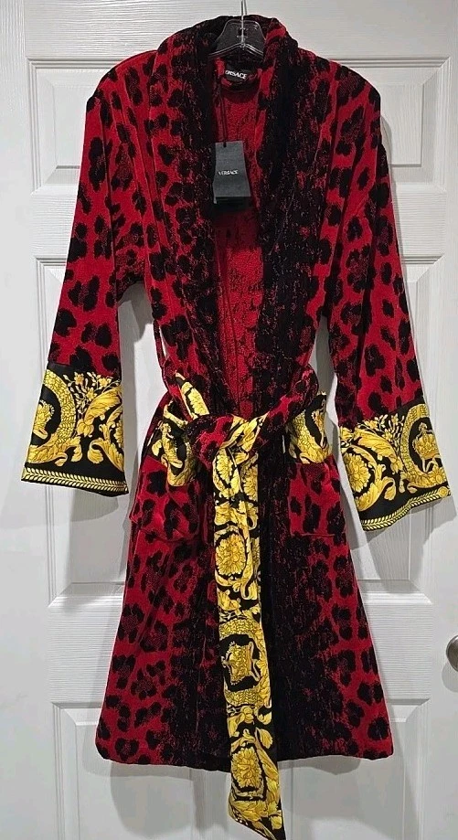 Versace — Versace Wild Barocco Cotton Bath Robe Size Large Lipstick Red/Gold NEW WITH TAGS