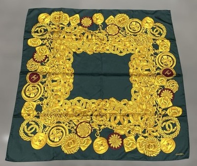 CHANEL Chain pattern 100% Silk Scarf Deep green X Gold about 37.79