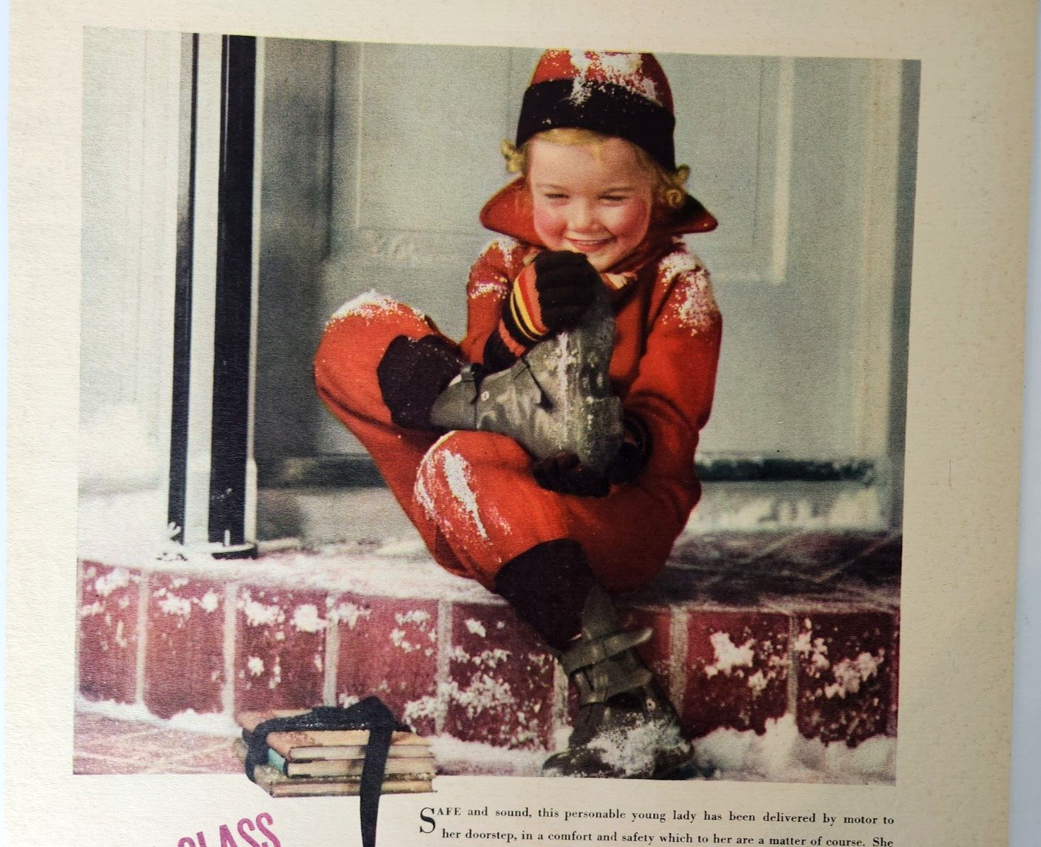 Vintage 1935 Snow Boots School Girl GM Car Ad Magazine Print-image