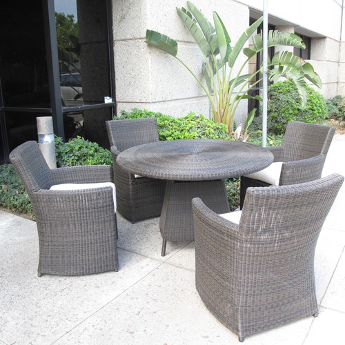 Outdoor Patio Woven Wicker 5 Piece Round Dining Set with Sunbrella