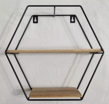 USED Hexagon Wood Metal Shelf 2-Tier Wall Hanging or Standing 10.5"x 11" Black S