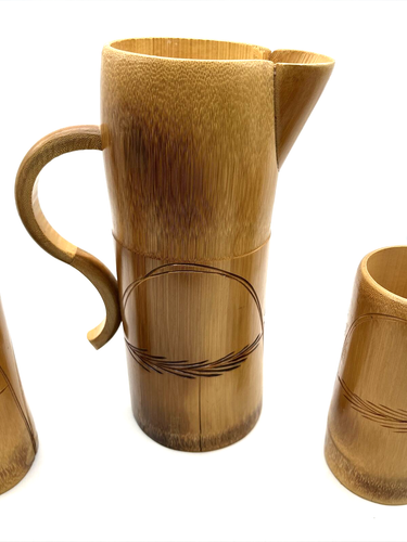 VTG 1980s Bamboo Tiki Style Pitcher 2 Cups/Tumblers Set Engraved Signed Jamaica - Picture 8 of 18