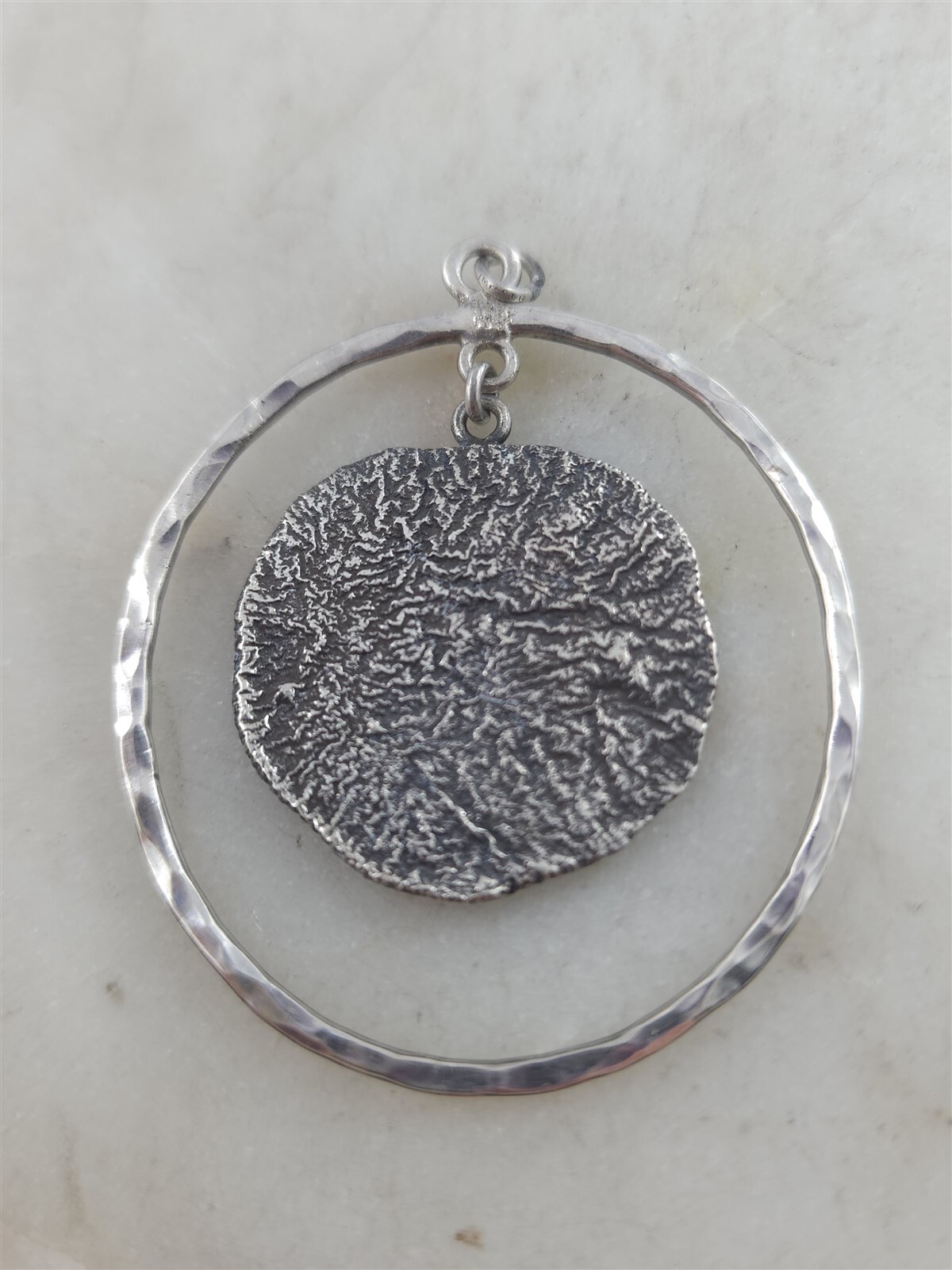 Vintage Solid Sterling Silver Textured Round Dang… - image 2