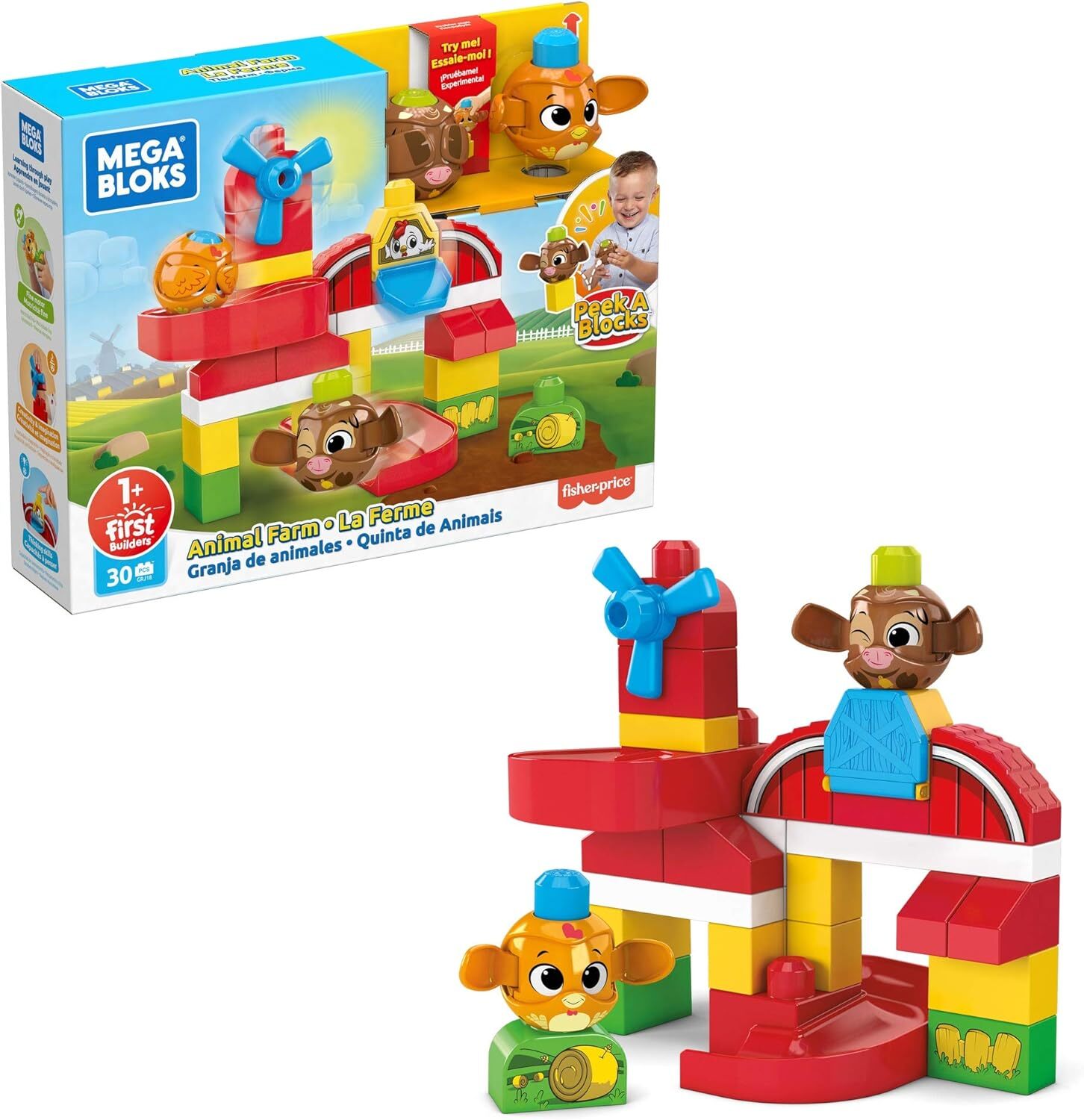 Mega Bloks Peek A Blocks Animal Farm Preschool Building Set with Slide
