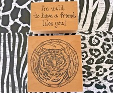 Tiger Face Portrait Wood Mount Rubber Stamp  Wild Friend Phrase Set Jungle Cats