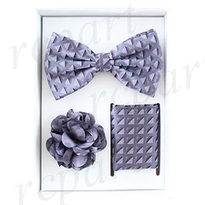 New in box Brand Q Men's bowtie hankie lapel pin 3 piece set gray plaid formal 
