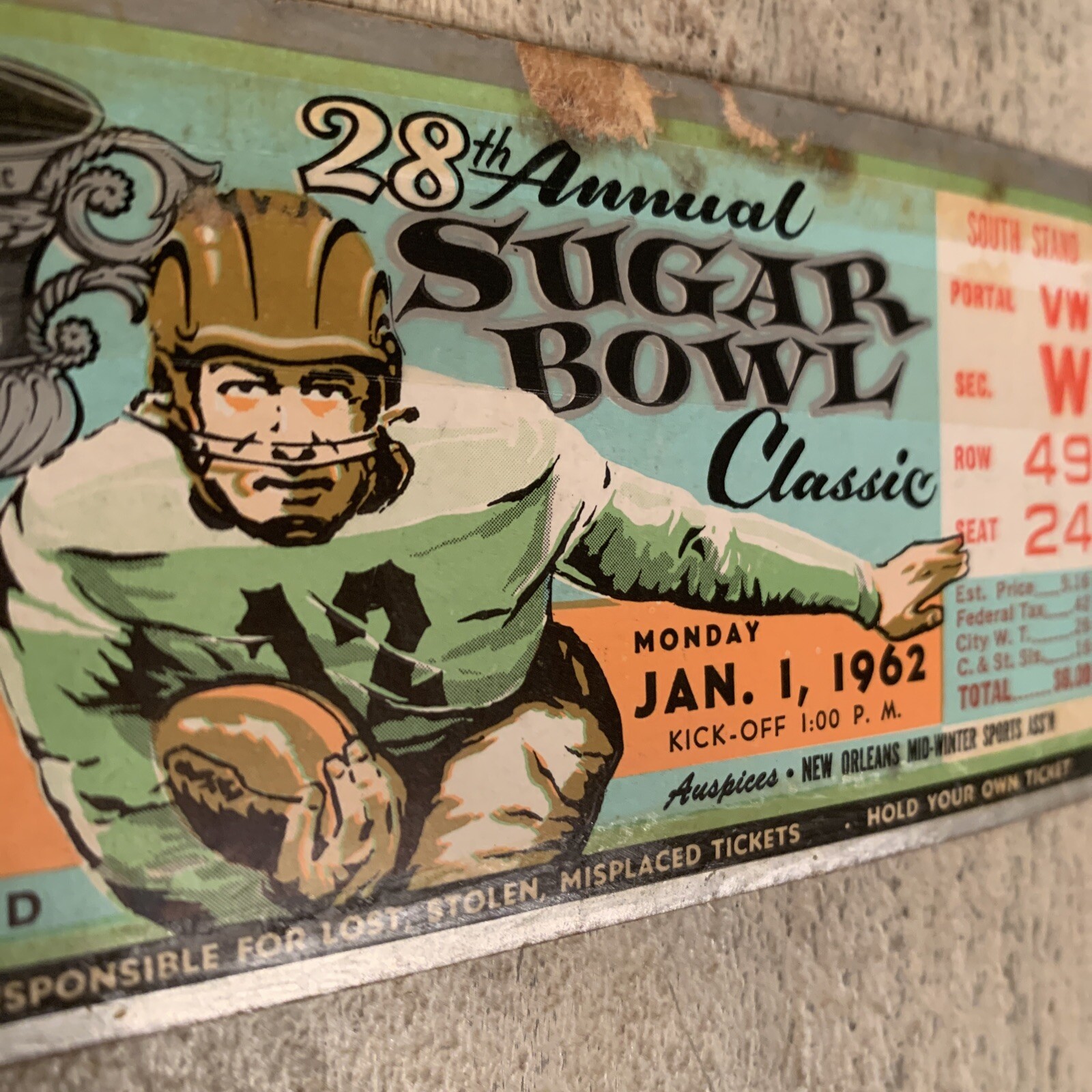 1962 Sugar Bowl Ticket Bear Bryant Gene Stallings Mal Moore Alabama Vs