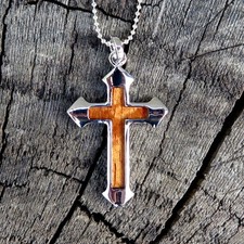 Hawaiian Jewelry Koa Wood Cross Silver Rhodium Plated Brass Pendant BRP1102