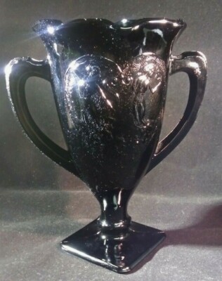 L E SMITH (?) VTG BLACK TROPHY VASE DECORATED WITH DANCING GIRLS/NYMPHS
