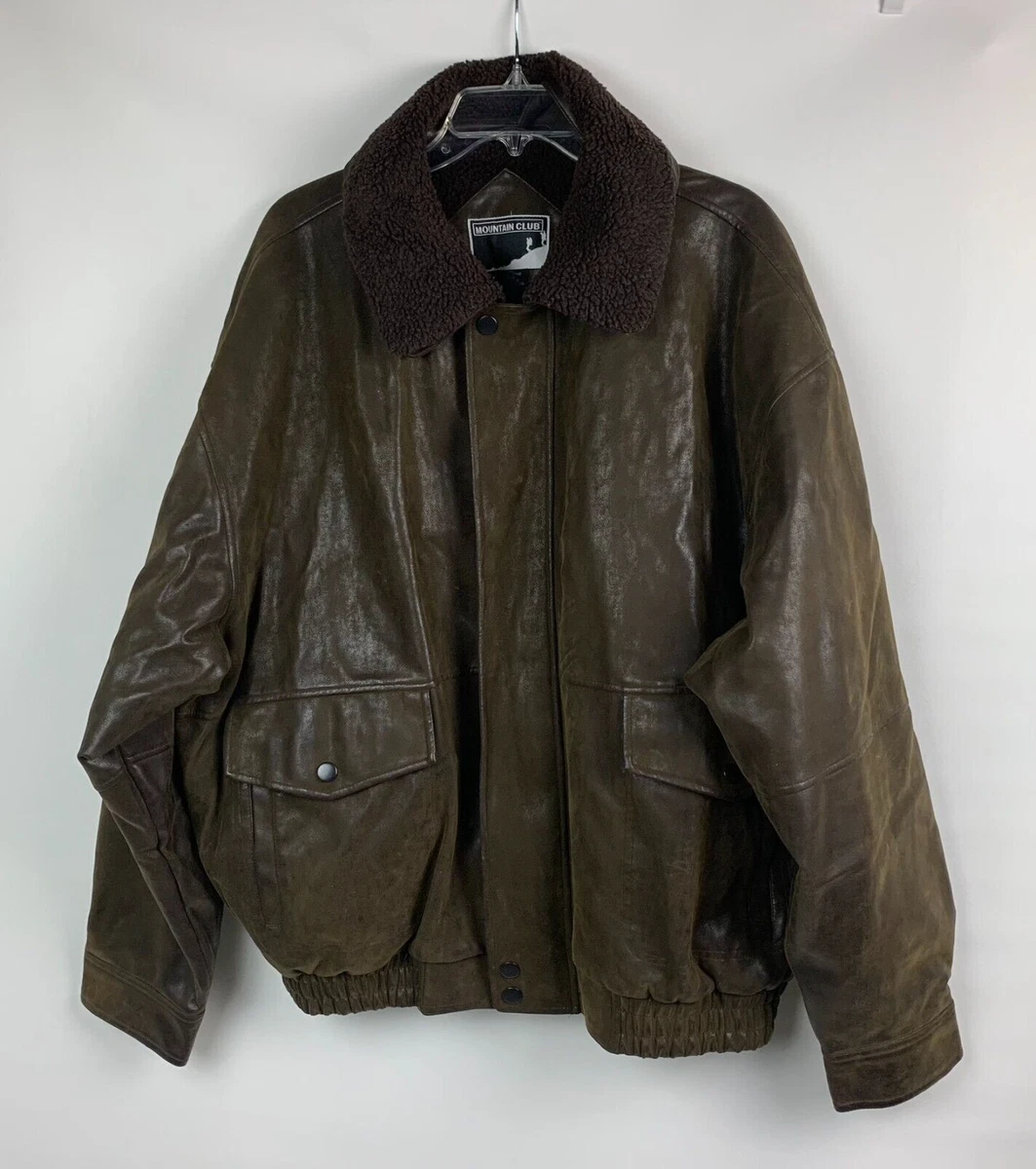 Mountain Club Bomber Jacket Brown Faux Leather Zip Pockets Sherpa