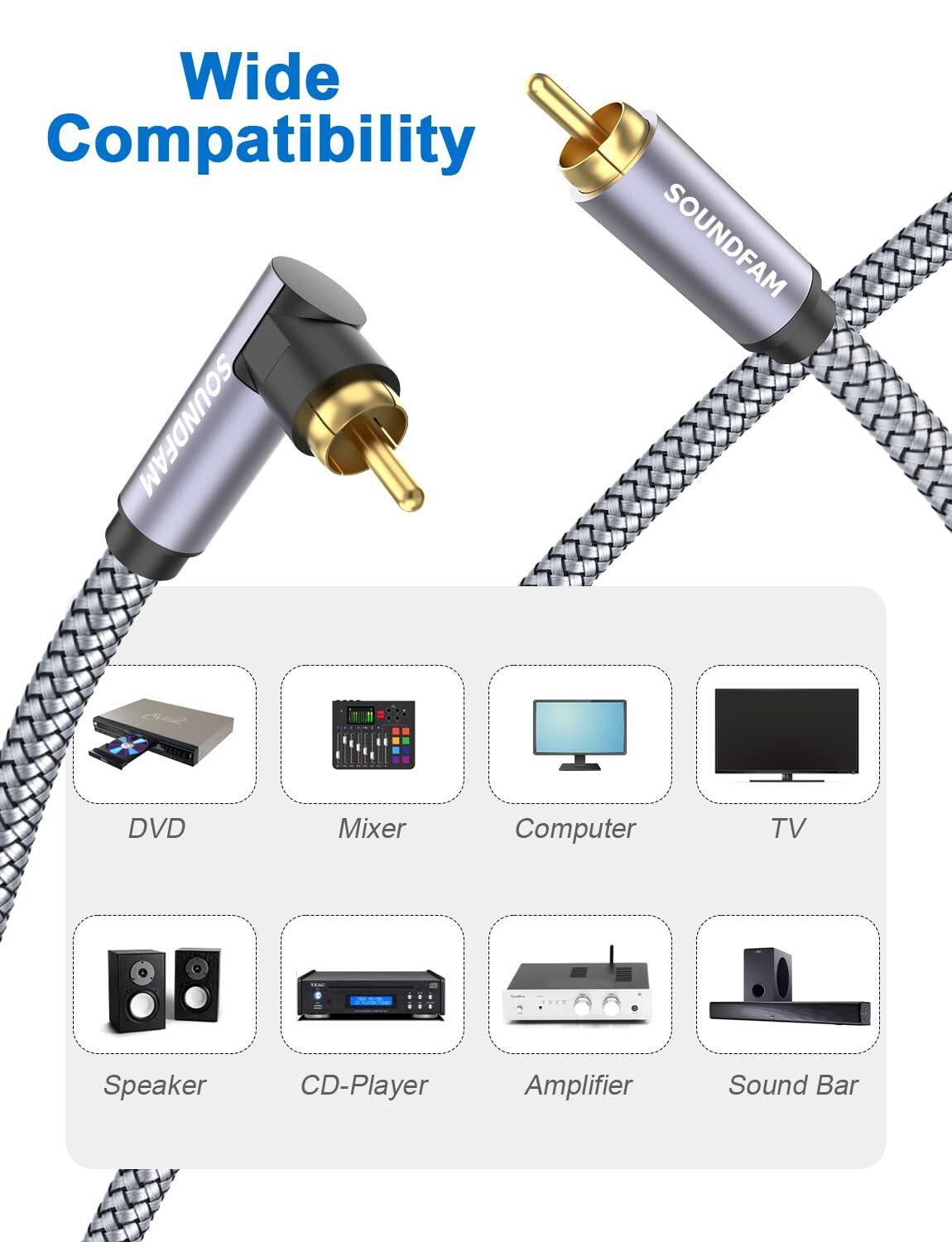 90 Degree RCA Cable 26ft/8MRight Angle Subwoofer Cable Male to Male for Subwo...