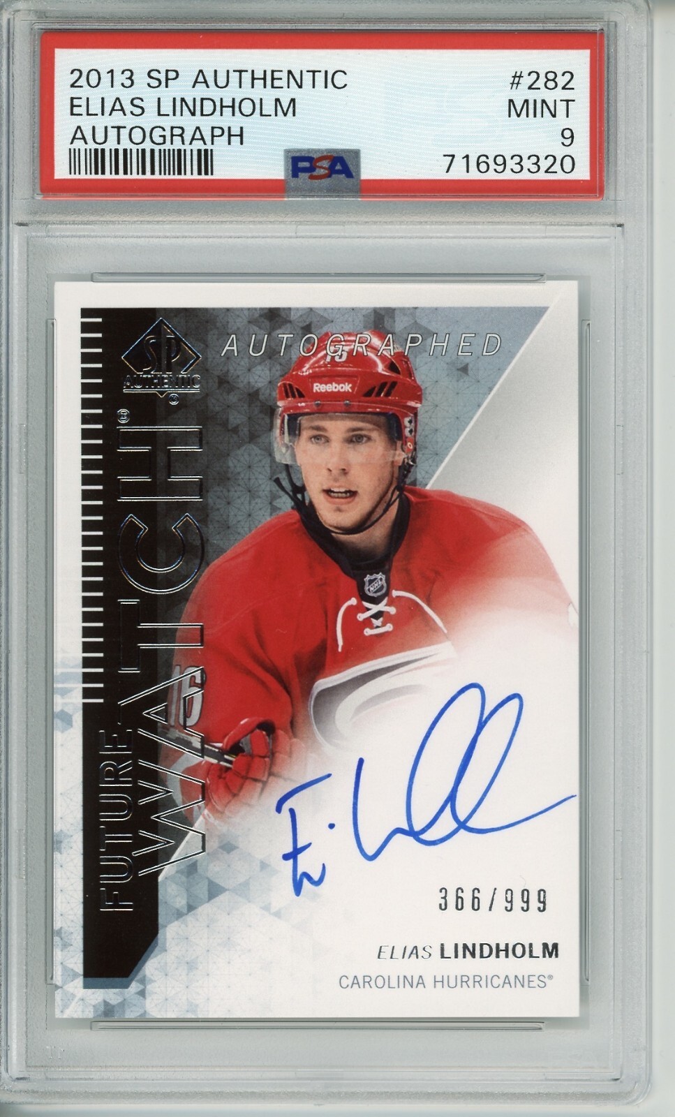 2013/14 UD SP AUTHENTIC Elias Lindholm FUTURE WATCH AUTO RC ROOKIE /999 PSA 9