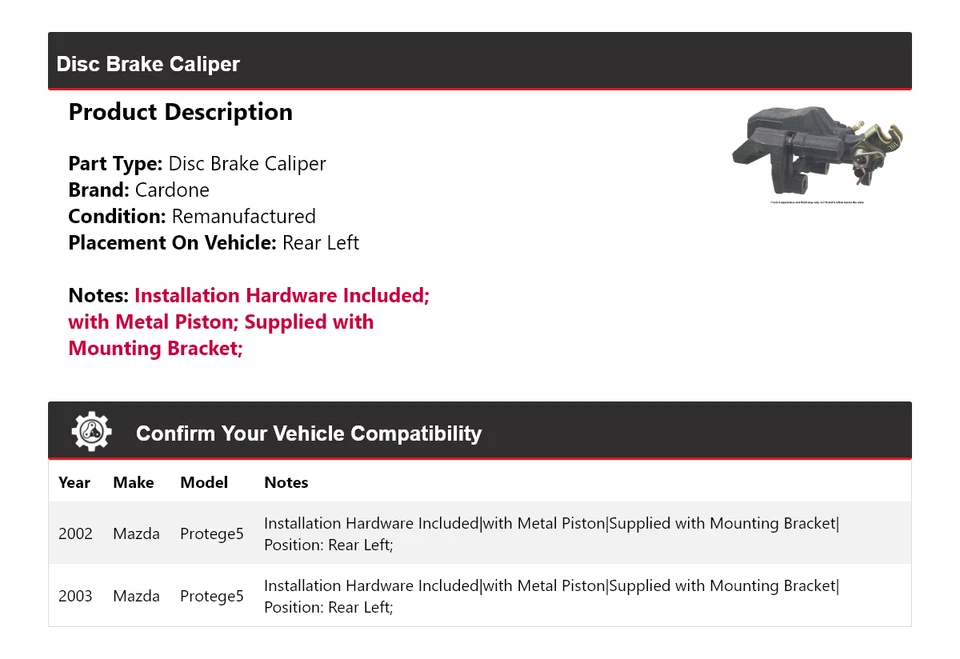 Pinza de freno de disco trasera izquierda cardone para Mazda Protege5 2002-2003 Foto 2 de 4