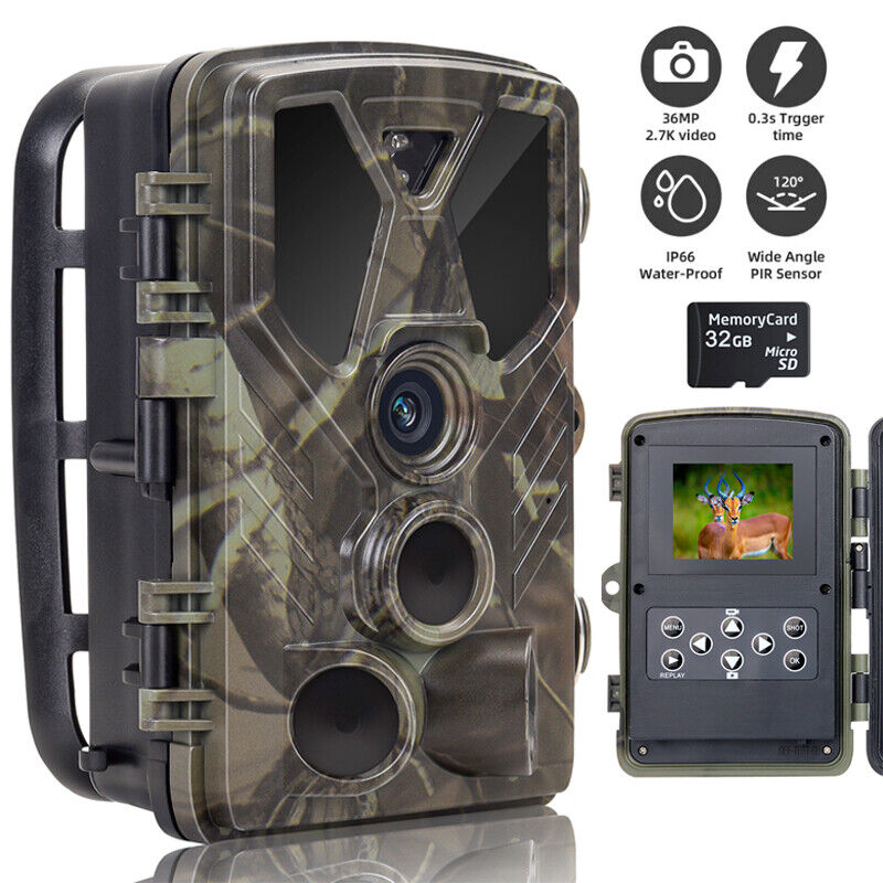 No Glow Trail Game Deer Camera 36MP 2.7K Video Motion Activated Night Vision+SD