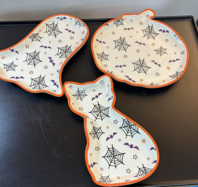 3 Temp-Tations Boofetti Plates Halloween Pumpkin Ghost Cat Serving Candy Dishes