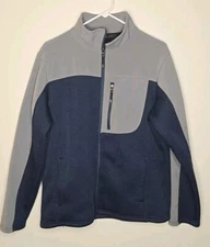 Swiss Tech Jacket Mens M Blue Gray Full Zip Grid Fleece Mock Neck Chest Pocket