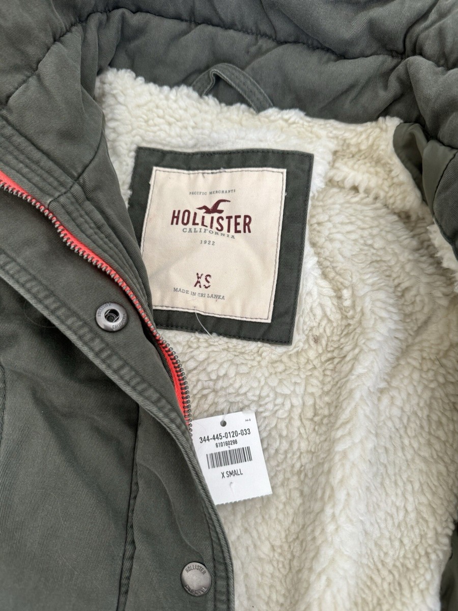 NWT Hollister Y2K Women's Army Green Hooded Utility Coat Sherpa