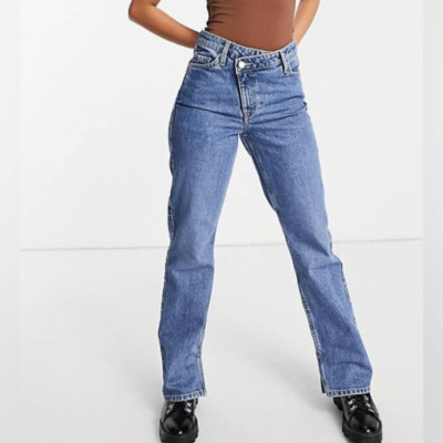 Weekday Avery Straight Leg Cotton High Rise Asymmetric Waist Jeans Size 25