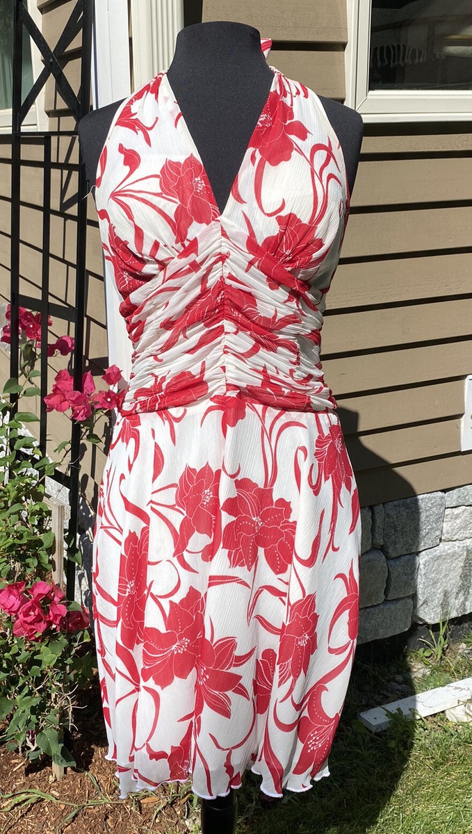 Y2k PHILIP DICAPRIO DRESS WHITE WITH RED PRINT HALTER SILK 2000s CREPE  SHEER | eBay