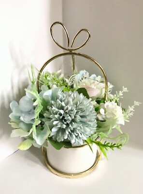 European Style Artificial Silk Flowers With Ceramic Vase In Metal Iron Frame New
