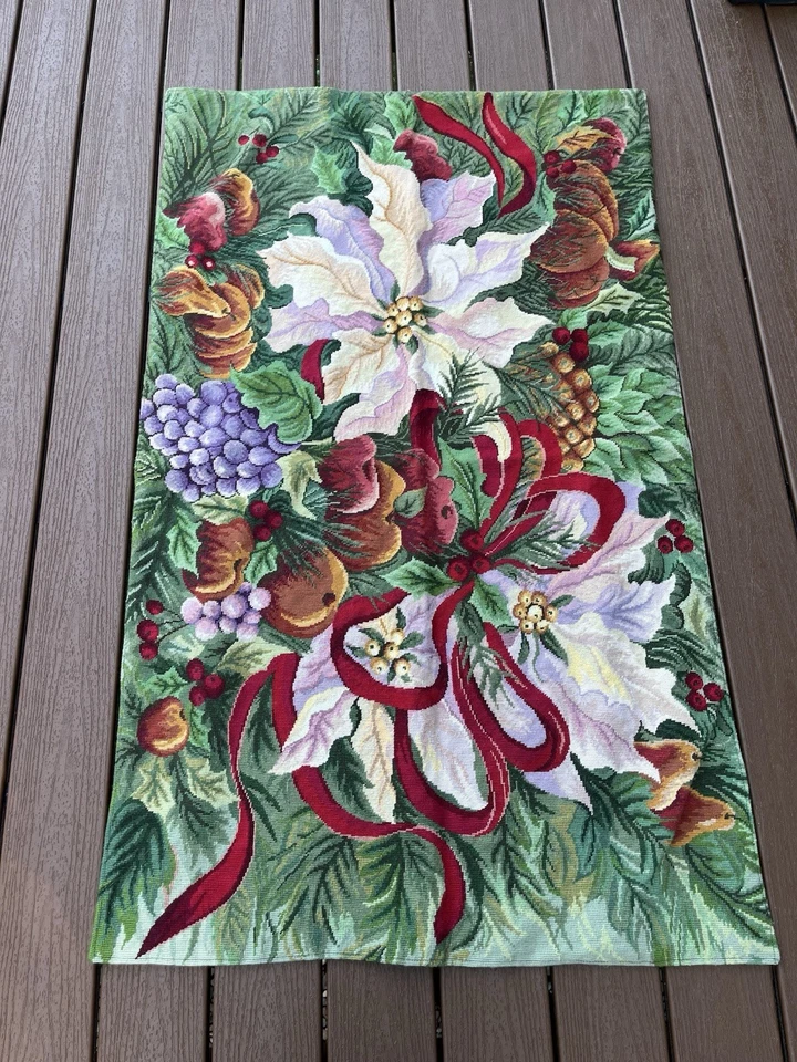 Tapete de férias 100% lã 3’x5’ Needlepoint Poinsétia tapete de tapeçaria de frutas - Imagem 4 de 4