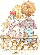 Arte de Sarah Kay niños lado a lado en banco abrazando postal de colección B747