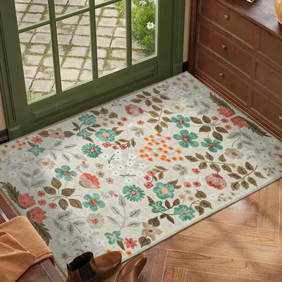 Colorful Floral Throw Rug, Washable Non Slip Carpet, Entryway Mat, Multicolor