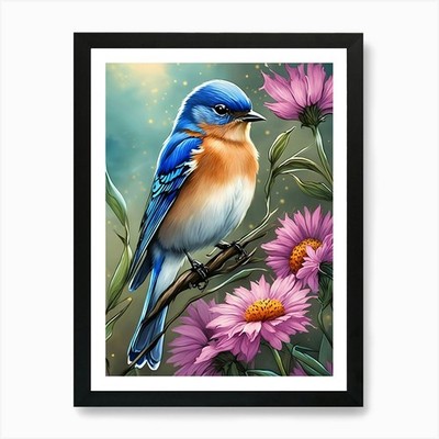 Bluebird Perched On Flower Art Prin Framed Wall Art Poster Canvas Print Picture