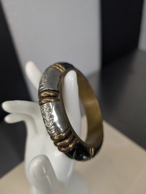 Vintage 80s Brass/Wood and Silver tone Bracelet-Bangle Bracelet