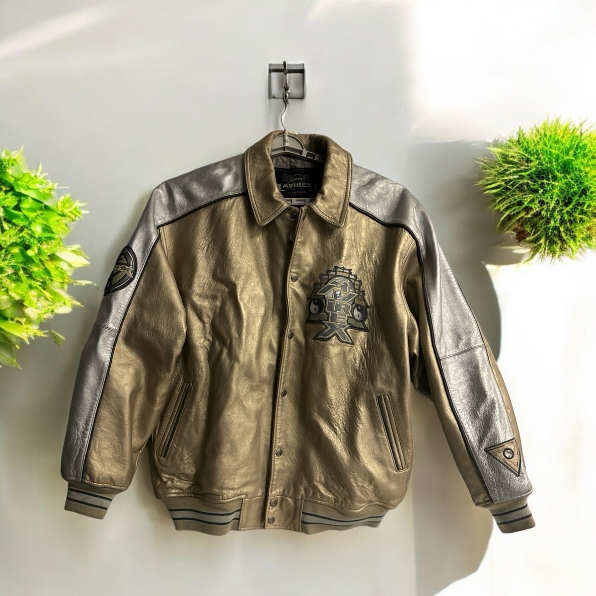 AVIREX Men's Y2K Authentic RARE Gold Silver Leather Jacket TEMPLE