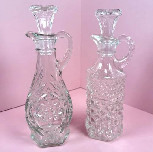2 Vintage Anchor Hocking Vinegar Oil Decanter Bottle & Glass Stopper Mismatched