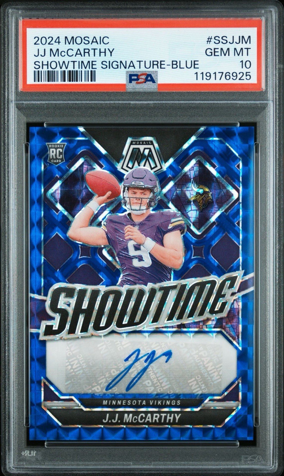 2024 PANINI MOSAIC SHOWTIME SIGNATURE BLUE JJ MCCARTHY /99 PSA 10 AUTO ROOKIE