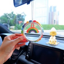 Crochet Rainbow Car Mirror Hanging Accessory, Cute Gradient Wreath, Cute Gifts