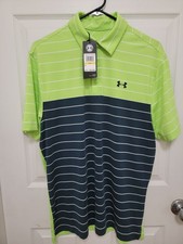 Under Armour Men's Golf Polo Shirt Medium Loose Heat gear NWT Navy/green Stripe