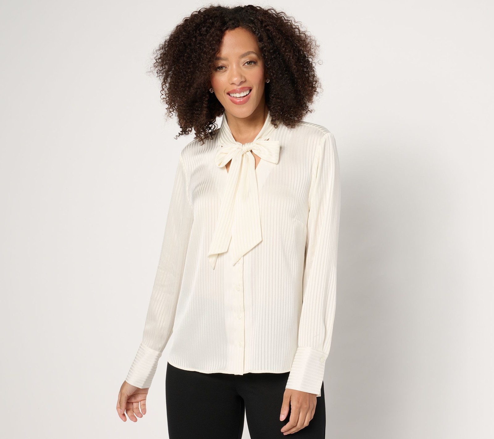 BEAUTIFUL by Lawrence Zarian Women's Top Sz M Button-Front Bow White A670912