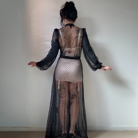 Dita Von Teese Black 'Lamarr' Maxi Sheer Polka Dot Gown Robe 1940s Hollywood