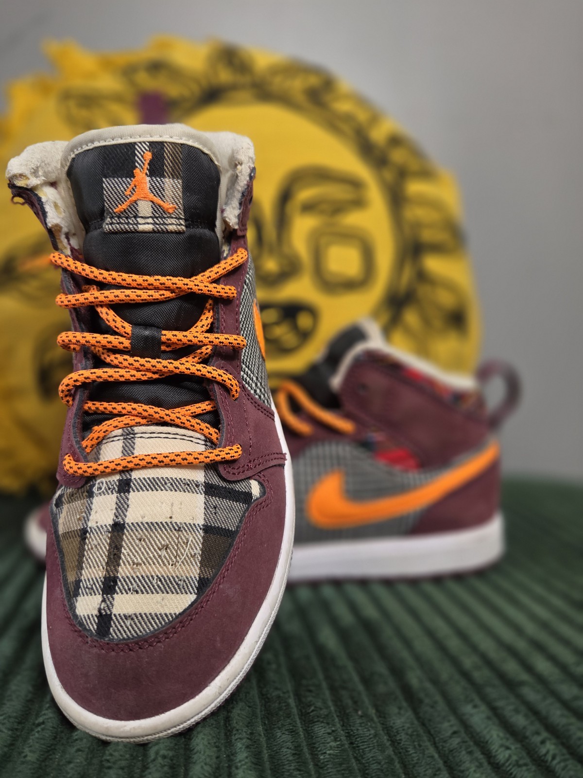 Jordan Air Jordan 1 Mid Burgundy Plaid Orange Mid Top Lace-Up Sneaker Kids 2