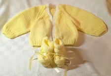 Crocheted Knitted Infant Outfit Yellow Sweater  Booties Handmade New Vintage