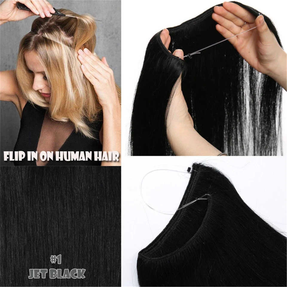 150gr Jet Black Invisible Wire Weft Flip In Echthaar Extensions Full Head - Bild 2 von 4