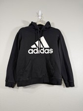Adidas Hoodie Sweatshirt Black Classic White Logo Fleece Lining Pullover Women M